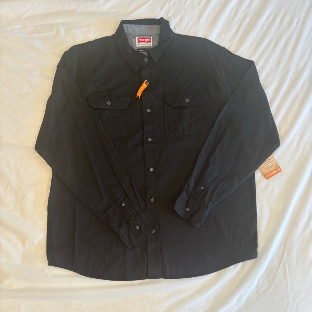 Wrangler Comfort Flex Relaxed Fit Work Shirt XLBlack Long Sleeve Button Down NWT